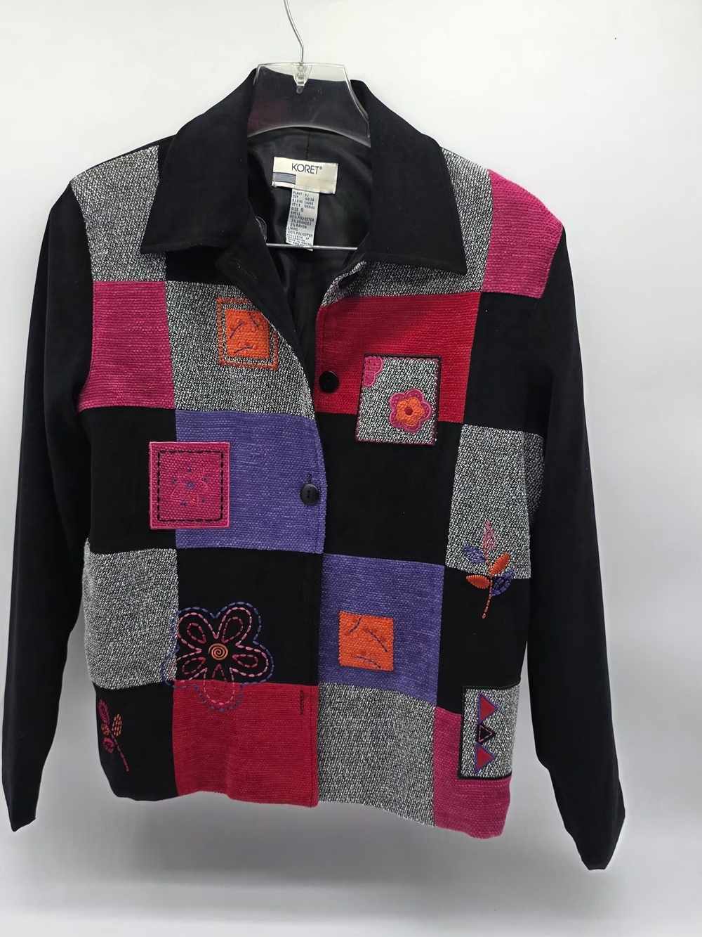 Koret Patchwork Jacket Embroidered Button Front Colorblock Artsy Retro. Size S.